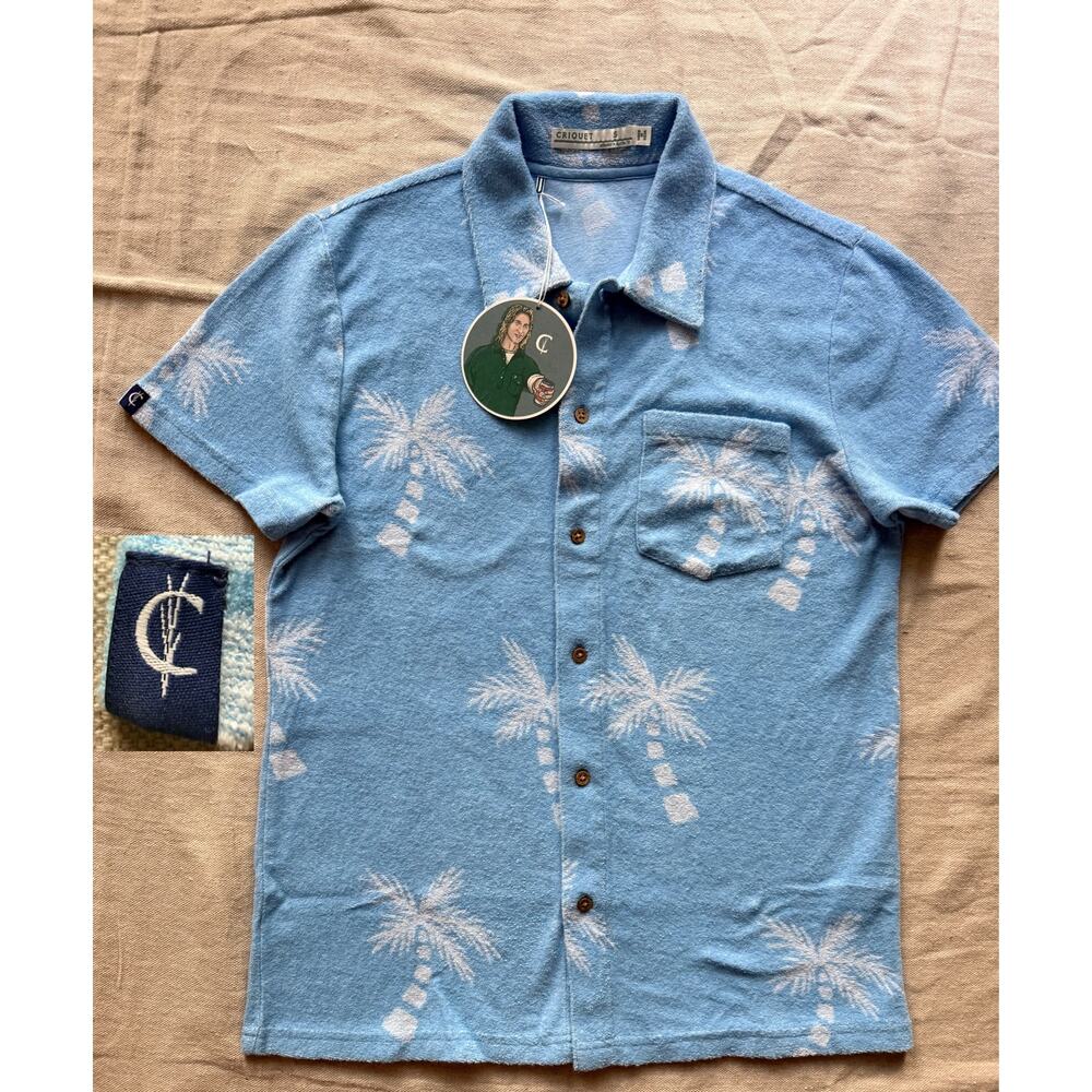 NWT Criquet TerryCloth Players Shirt Men's S Baby Blue Palm Tree AOP Resortwear